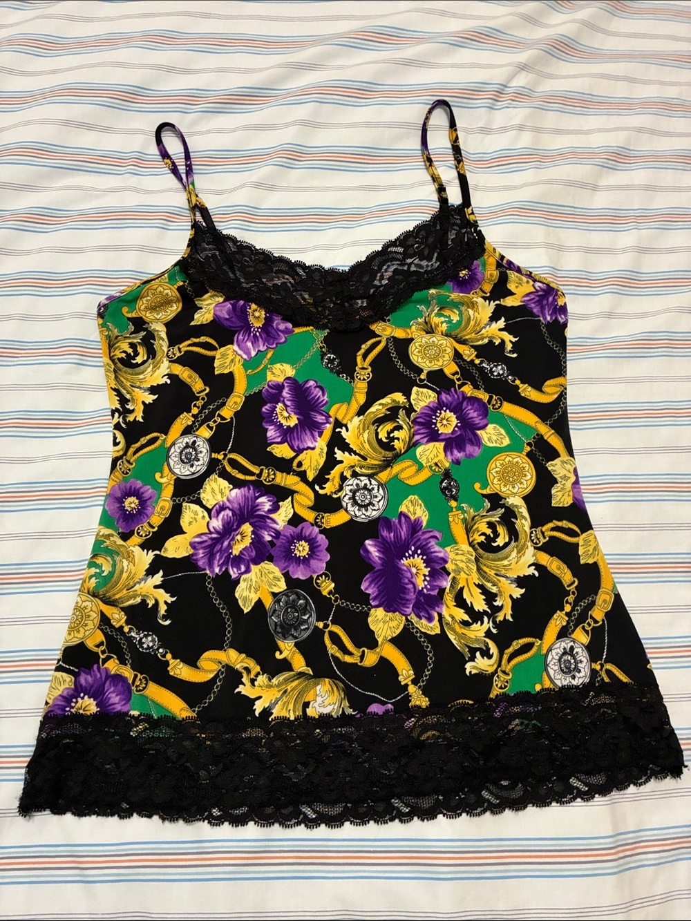 Cache Black Floral Baroque Lace-Trim Cami with Purple & Gold Accents